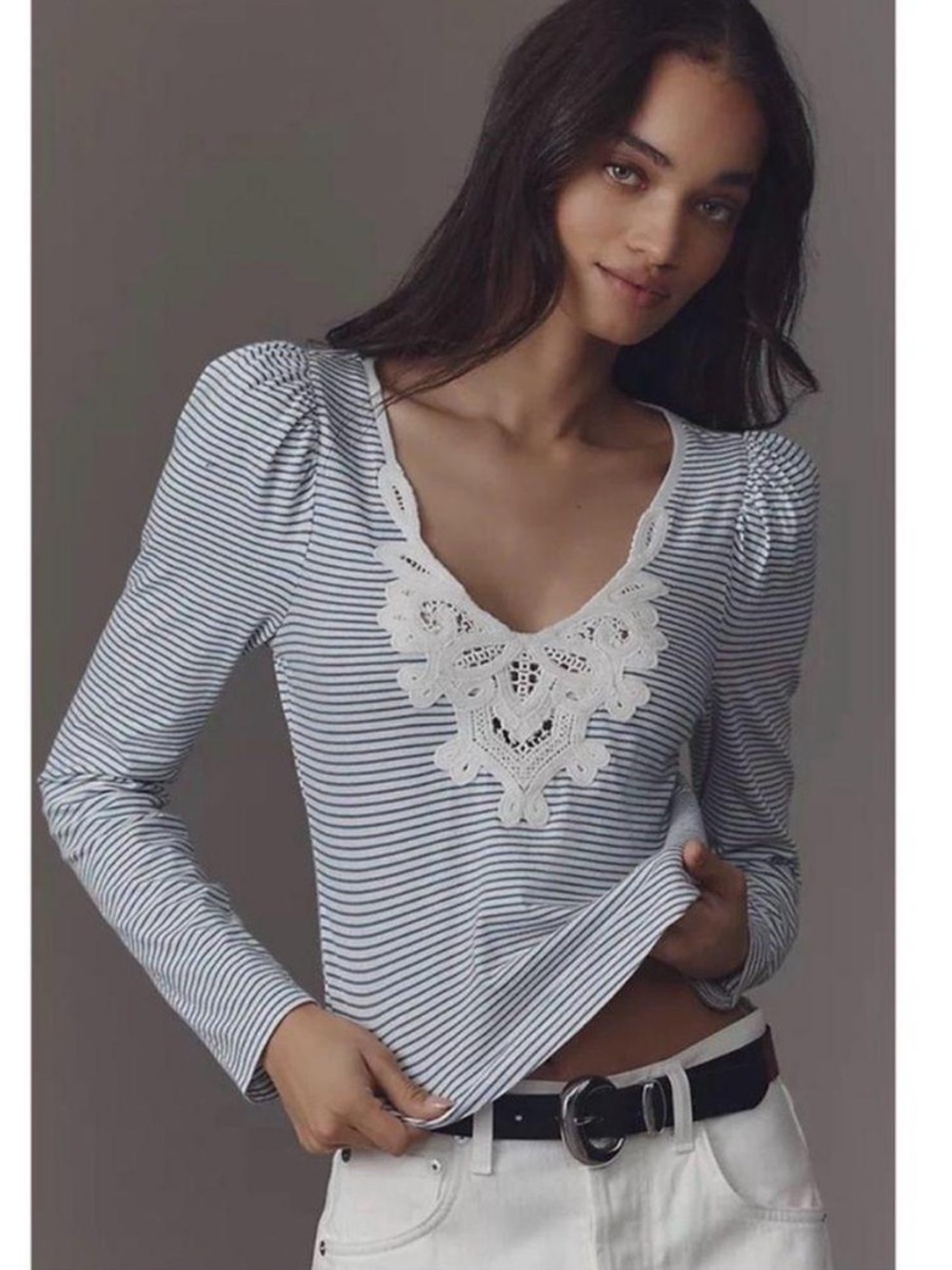 Maeve Anthropologie White and Navy Striped Lace-Trim Long Sleeve Top 💙💙